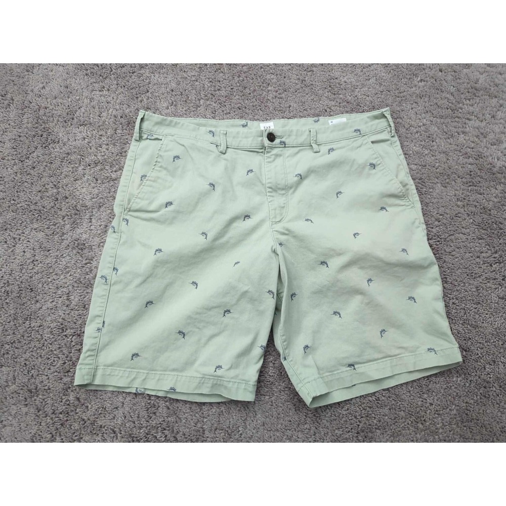 GAP Chino Shorts Mens 38 Green Inseam:10" Swordfish Allover Print Stretch Casual